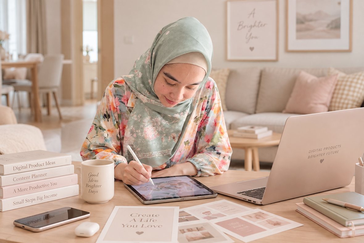 Bunda berhijab menggambar di tablet sambil menyiapkan rencana usaha dari rumah