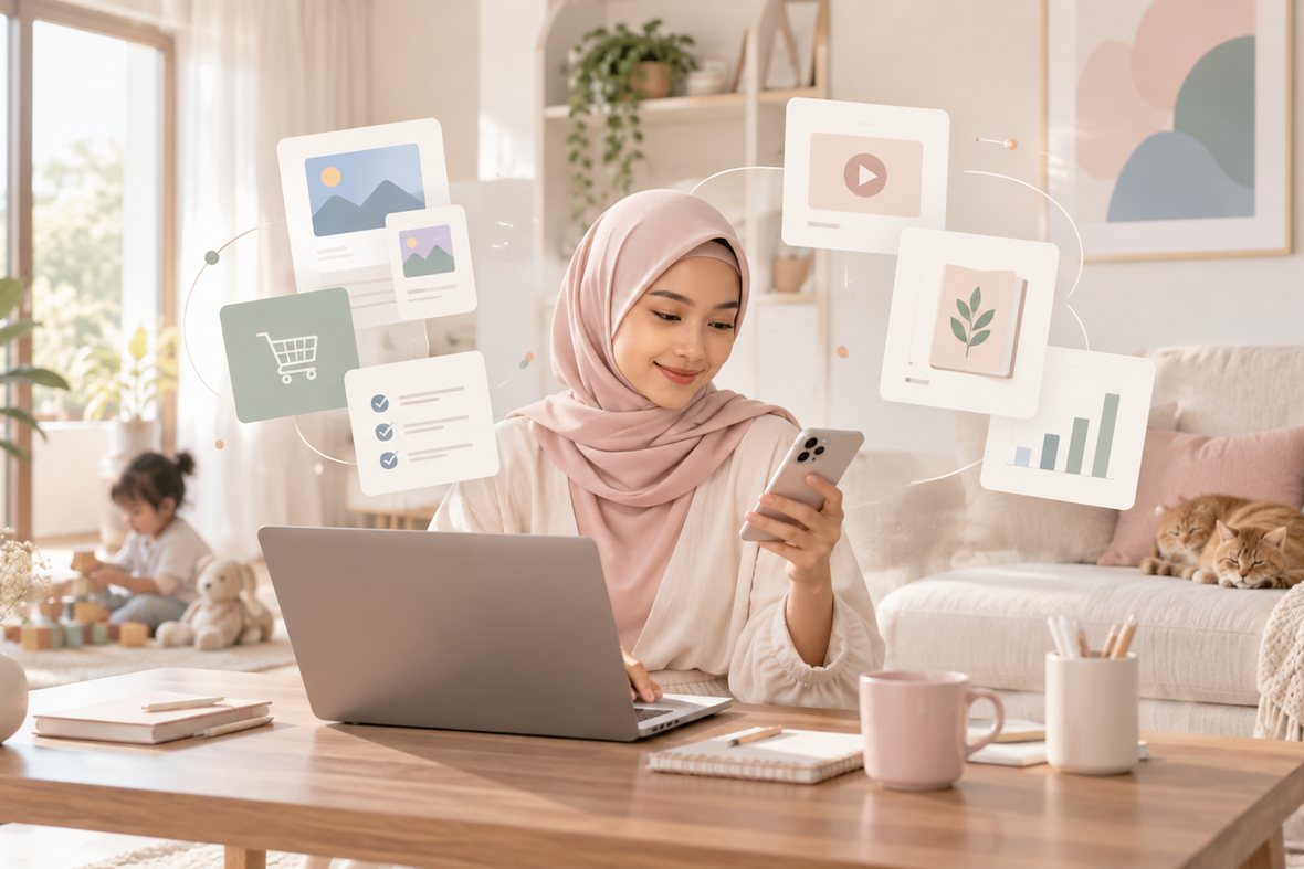 Bunda berhijab memegang ponsel di depan laptop, ditemani anak bermain dan kucing di ruang keluarga