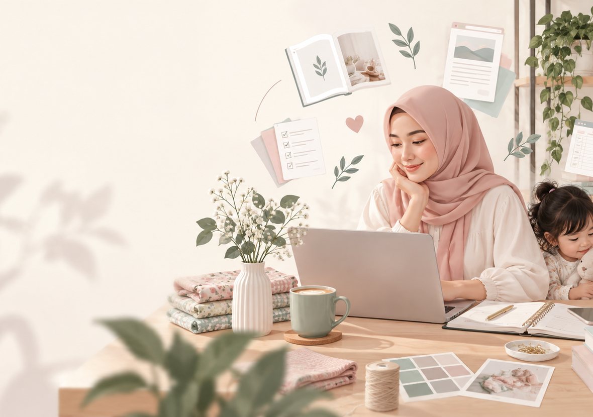 Ilustrasi seorang bunda berhijab bekerja di depan laptop ditemani anaknya